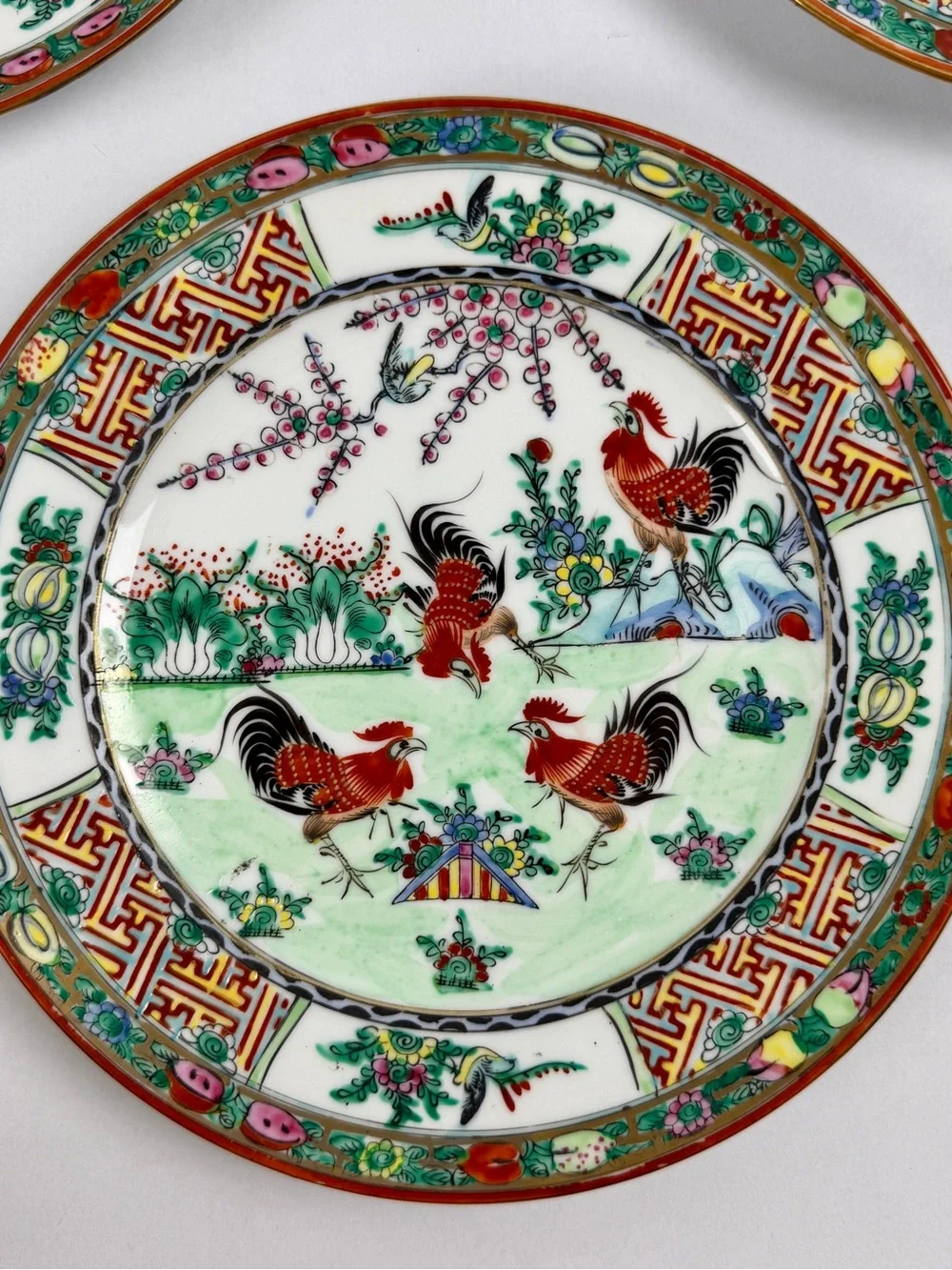 Chinese Famille Rose Canton Rooster Porcelain Plates Set of 3, 8” Hong Kong